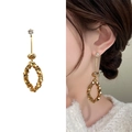 Elegant gold drop earrings with sequin oval pendant and rhinestone stud for women - Gold
