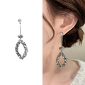 Silver geometric long drop earrings with rhinestone studs and shiny metal sequins - Silver