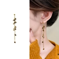Elegant gold tassel earrings with brown tiger eye beads and sparkling crystals - Gold (A1703-03C)