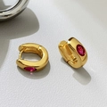 French vintage gold hoop earrings featuring elegant green zircon and polished finish - Green