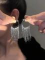 Macro shot of elegant silver tassel earrings featuring sparkling metallic fringe detail - Silver