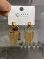 Detailed view of long gold tassel earrings with elegant metal fringe and circular studs - 24K Gold Plated / Gold