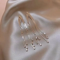 Luxurious long tassel drop earrings with metallic chains and sparkling zircon stones - Silver