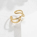 Detail of gold double-layer crisscross open ring with a single white pearl accent - Double Layer Wrap Pearl Style (R733-C-ZZ)