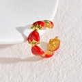 Golden stainless steel open ring featuring red enamel strawberry charms with green leaves - Strawberry Style (M-R853-caomei)