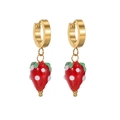 Retro golden hoop earrings featuring vibrant red strawberry pendants with green leaves - Strawberry Pendant Hoop