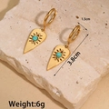 Macro view of vintage gold evil eye earrings with turquoise beads and size dimensions - Long Triangle Pointed Style (M-E552-A)