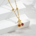 18k gold plated titanium necklace with red cherry pendant and gold leaf on white blocks - Classic Zircon Cherry Style (M-N2232-B)