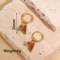 Detail of 26mm watermelon drop earrings with 18k gold plating and colorful enamel work - Watermelon Style (M-E1155-xigua)