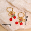 Detail of gold cherry earrings with red beads, green stones, and dimensions 34mm 4g - Cherry Bow Style (M-E1155-yingtao)