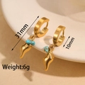 Detail of 18K gold hoop earrings with turquoise stone and seashell pendant charms - Seashell Blue Stone Style (M-E1157-hailuo)
