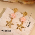 Macro detail of gold starfish charms and iridescent flowers on beach vacation earrings - Starfish Pendant (M-E1158-haixing)