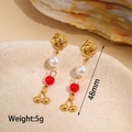 Detail shot of gold cherry earrings with rose motif and pearl accents, length 48mm - Cherry Pendant (M-E1159-yingtao)