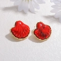 Elegant red shell stud earrings with gold plating on a textured white background - Shell Shape / Red