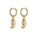 18K gold-plated seahorse hoop earrings with white pearls and stainless steel finish - Seahorse Style