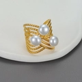 Detail of gold multi-layer wrap ring with three white pearls on a white porcelain tray - Multi-Layer Entwined Round Bead Relief 3-Pearl Style (R688-6)
