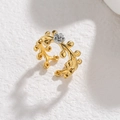 Vintage two-tone flower open ring with gold branch and silver rose in polished steel - Rose