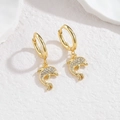 Gold-plated dolphin drop hoop earrings with sparkling white zircons on white stone background - Dolphin Style (OLBE1177-haitun)