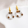 Handmade beaded hoop earrings with gold leaves and tiger eye stones on white ceramic tray - Mixed Color Style / Two Colors