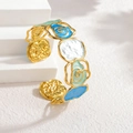 French vintage 18k gold plated stainless steel open bangle with colorful enamel roses - Blue