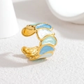 Anillo abierto de acero inoxidable chapado en oro 18k con patrón de pluma de esmalte - Azul