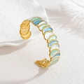 Enamel leaf rose gold open bangle with gradient blue and green mother of pearl finish - Blue