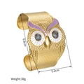 Macro detail of owl bangle showing dimensions 6.8cm height with 38g weight info - Purple
