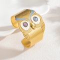18k gold owl open bangle with wide textured metal, enamel eyes and shell inlay - Gray