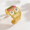 Golden owl wide open bangle with textured feathers and iridescent shell inlaid eyes - Rose Red