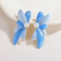 Orecchini a fiore in oro 18k con petali in smalto azzurro e perle bianche da donna - Blu