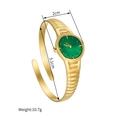 Detail view of gold watch strap bangle with green dial showing dimensions and weight - Floral Relief