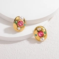 Vintage oval gold earrings with pink stone, pearls, and colorful zircon accents - Gold