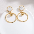 Minimalist 18k gold earrings with white flower motif and irregular geometric wave hoops - Circle Style