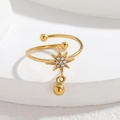 18k gold plated stainless steel open ring with zircon star and polished metal bead - Star Style