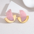 Minimalist 18k gold geometric semicircular earrings with pink marble resin textures - Pink