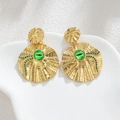 Orecchini tondi d'oro con texture vintage, pietra occhio greco verde e cristalli - Stile Malocchio / Oro-Verde