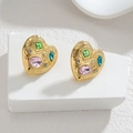 18k gold heart earrings with sunburst texture and multicolor geometric gemstones on stone - Heart