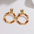 18k gold plated stainless steel bamboo hoop earrings with brown enamel accents - Brown