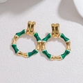 New Chinese bamboo style gold hoop earrings with green and white enamel finish - Green