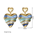 Detail view of colorful enamel heart earrings with wavy pattern and size dimensions - Blue Green Enamel (Wave Drip Oil)