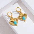 French vintage 18k gold plated stainless steel lever-back earrings with turquoise stones - Openwork Carved Heart (Style B)