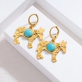 Boucles d'oreilles animal plaquées or 18K avec pierres turquoise et motifs floraux - Forme Animale de Veau (Style K)
