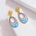 18k gold plated stainless steel sunflower earrings with floral resin oval pendants - Blue