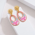 18k gold plated hollow flower sunflower drop earrings with pink enamel floral oval pendant - Pink