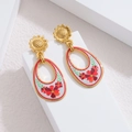 18k gold flower drop earrings with white enamel and colorful floral patterns - Red