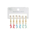 Detailed macro view of three pairs of colorful coral-shaped stainless steel drop earrings - Red Blue Green Slim Coral Style A (E1133-shanhu-A-shou)