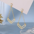 24K gold plated heart drop earrings with dangling chains and shimmering rhinestones - Gold