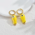 Minimalist gold hoop earrings featuring bright yellow ceramic fish pendants for a beach style - Bright Yellow Small Fish
