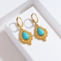 Boucles d'oreilles vintage en acier inoxydable doré 18k avec incrustation turquoise - Goutte d'Eau Gaufrée Vintage (Style F)