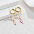 Pink seahorse drop earrings with gold hoops, pearls and enamel beads on white background - Pink Seahorse Style (M-E1121-fen)